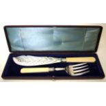 Victorian ivory and silver plate fish servers
