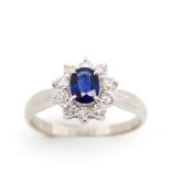 Sapphire and diamond set platinum cluster ring