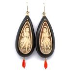 Carved cameo, 9ct yellow gold and coral earrings
