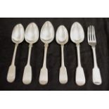 Five early sterling silver dessert spoons