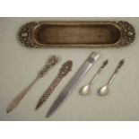 Silver dish, letter openers and spoons
