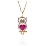 Gemstone set 9ct two tone gold Owl pendant