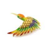 18ct yellow gold, enamel and diamond bird brooch