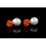 Pearl, carved coral and 9ct gold earrings