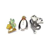 Three enamel and silver figural brooches