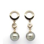 Tahitian pearl, diamond and 18ct gold earrings