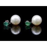 South sea pearl, emerald and 18ct white gold stud