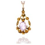 Art Nouveau 9ct yellow gold and amethyst pendant