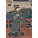 Kunisada, Utagawa und Kuniyoshi, Utagawa: Bijin auf roter Terrasse vor dem Fujisan + Sumoringer-