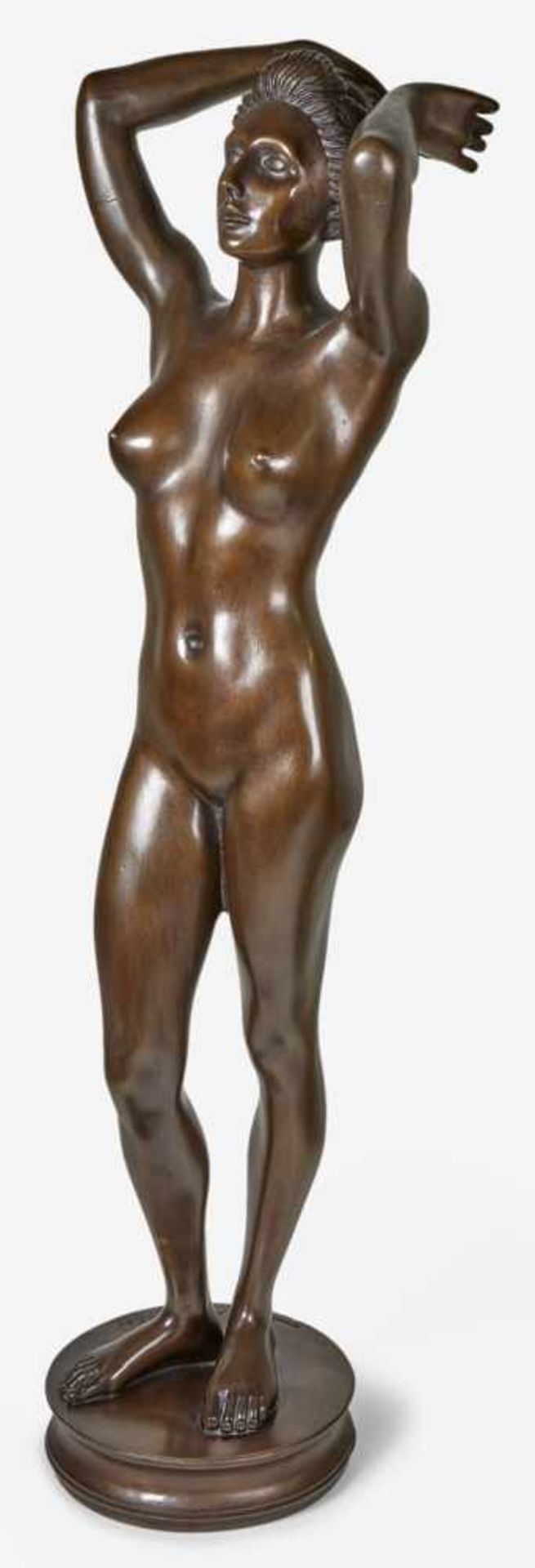 Breker, Arno: Die AufschauendeDie AufschauendeBronze mit brauner Patina auf runder Bronzeplinthe.