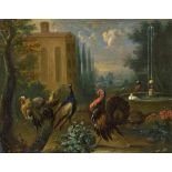 Flämisch: um 1680. Ruinenlandschaft mit Pfau und an einem Brunnenum 1680. Ruinenlandschaft mit