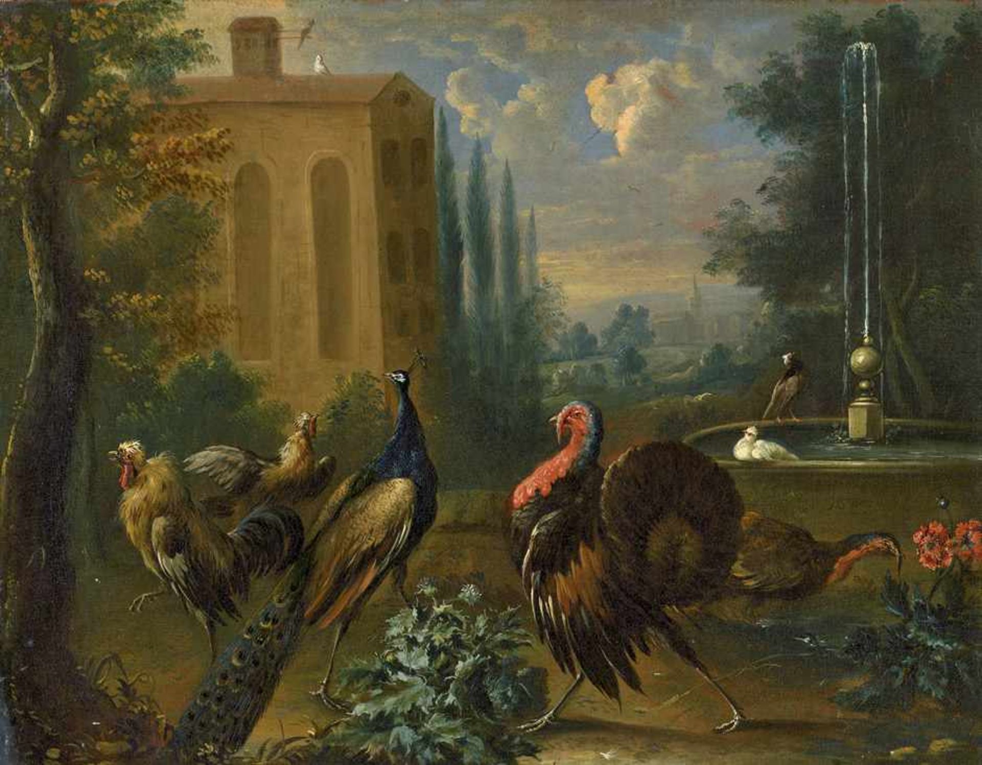 Flämisch: um 1680. Ruinenlandschaft mit Pfau und an einem Brunnenum 1680. Ruinenlandschaft mit