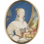 Nordeuropäisch: um 1660. Bildnis einer jungen Frau, einen Korb mit Obst und Blumen haltend, in