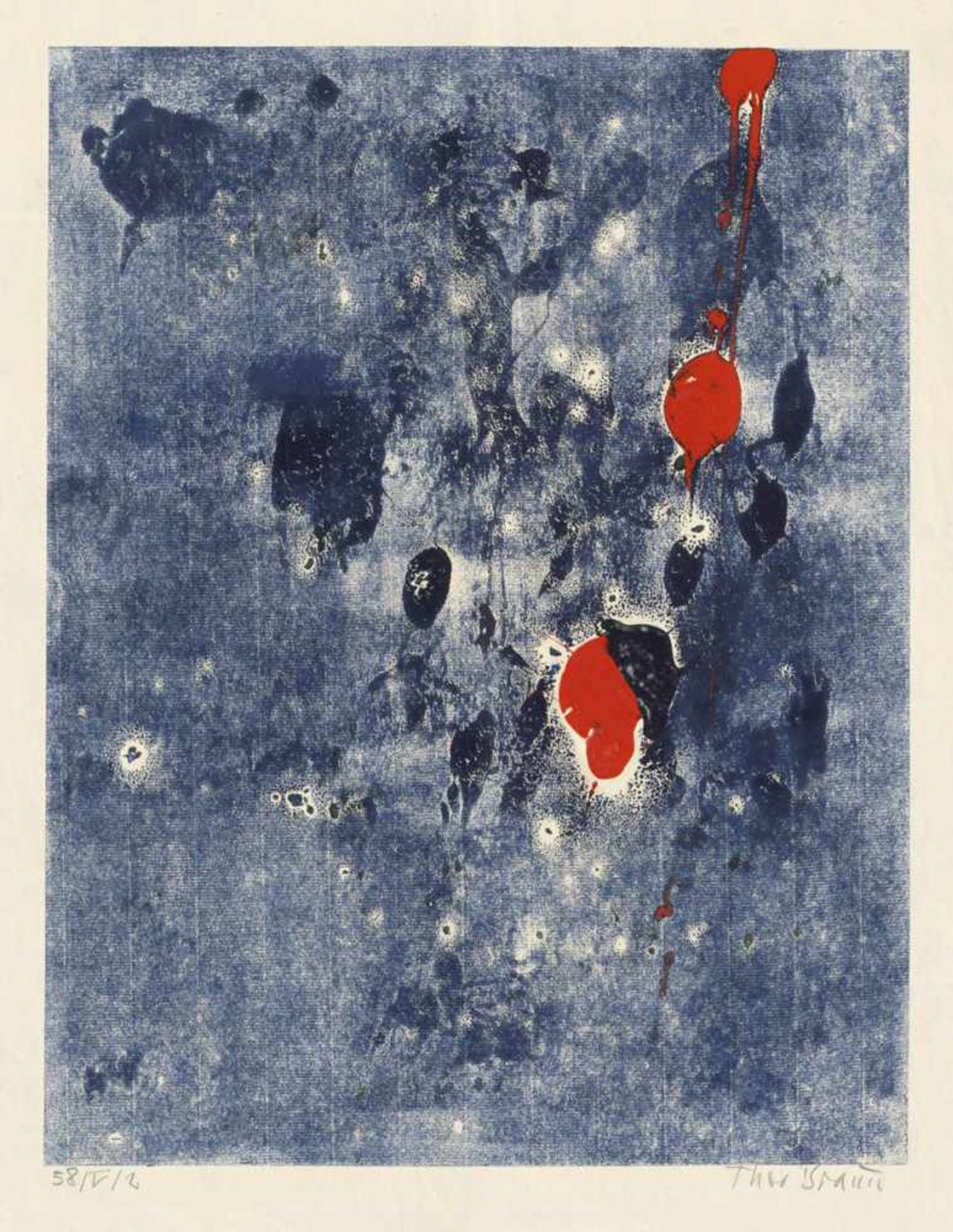 Braun, Theo: KompositionKompositionAcrylfarben über Monotypie auf Ingres-Bütten. 1958.65 x 48 cm.