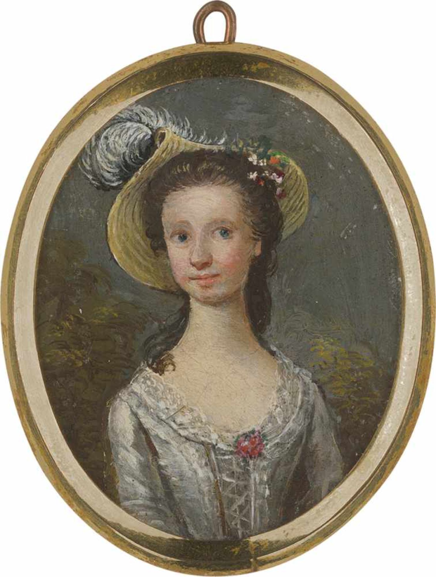 Highmore, Joseph - Nachfolge: Bildnis einer jungen Frau in hellgrauem Seidenbrokatkleid mit Rose