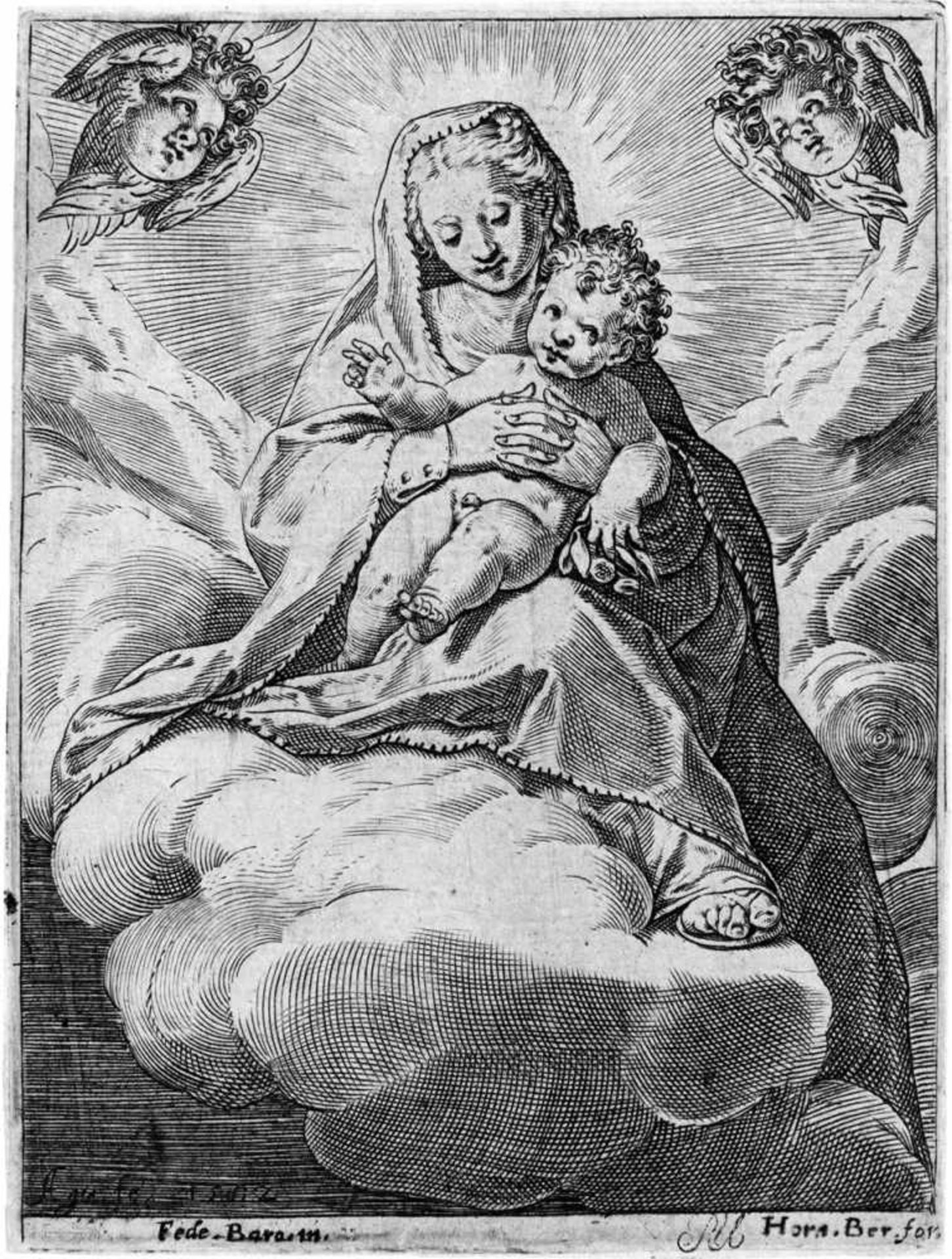 Carracci, Agostino: Madonna mit Kind in den WolkenMadonna mit Kind in den Wolken. Kupferstich nach