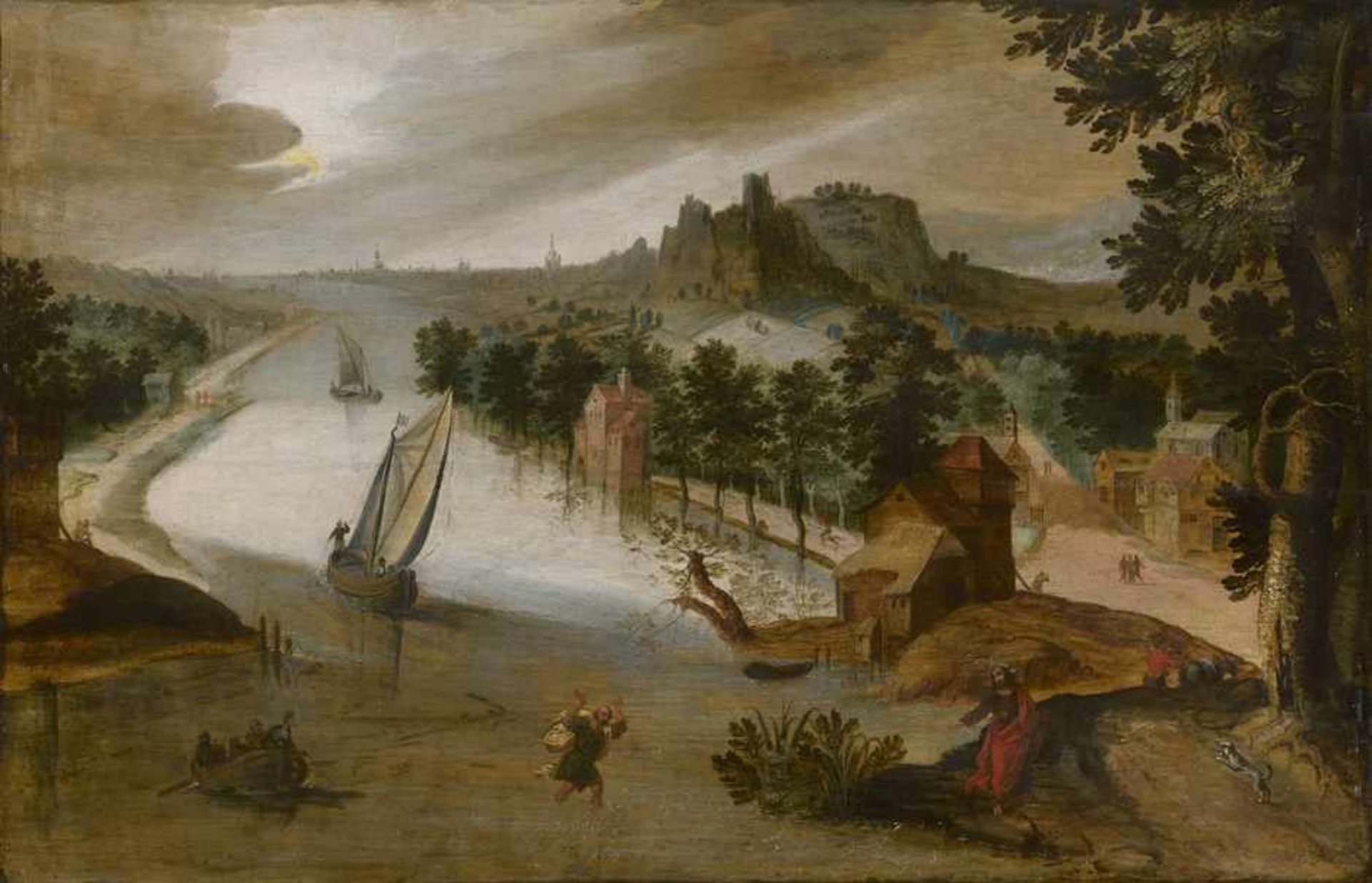 Gassel, Lucas - zugeschrieben: Weite Flusslandschaft mit Christus und der wundersame Fischzug