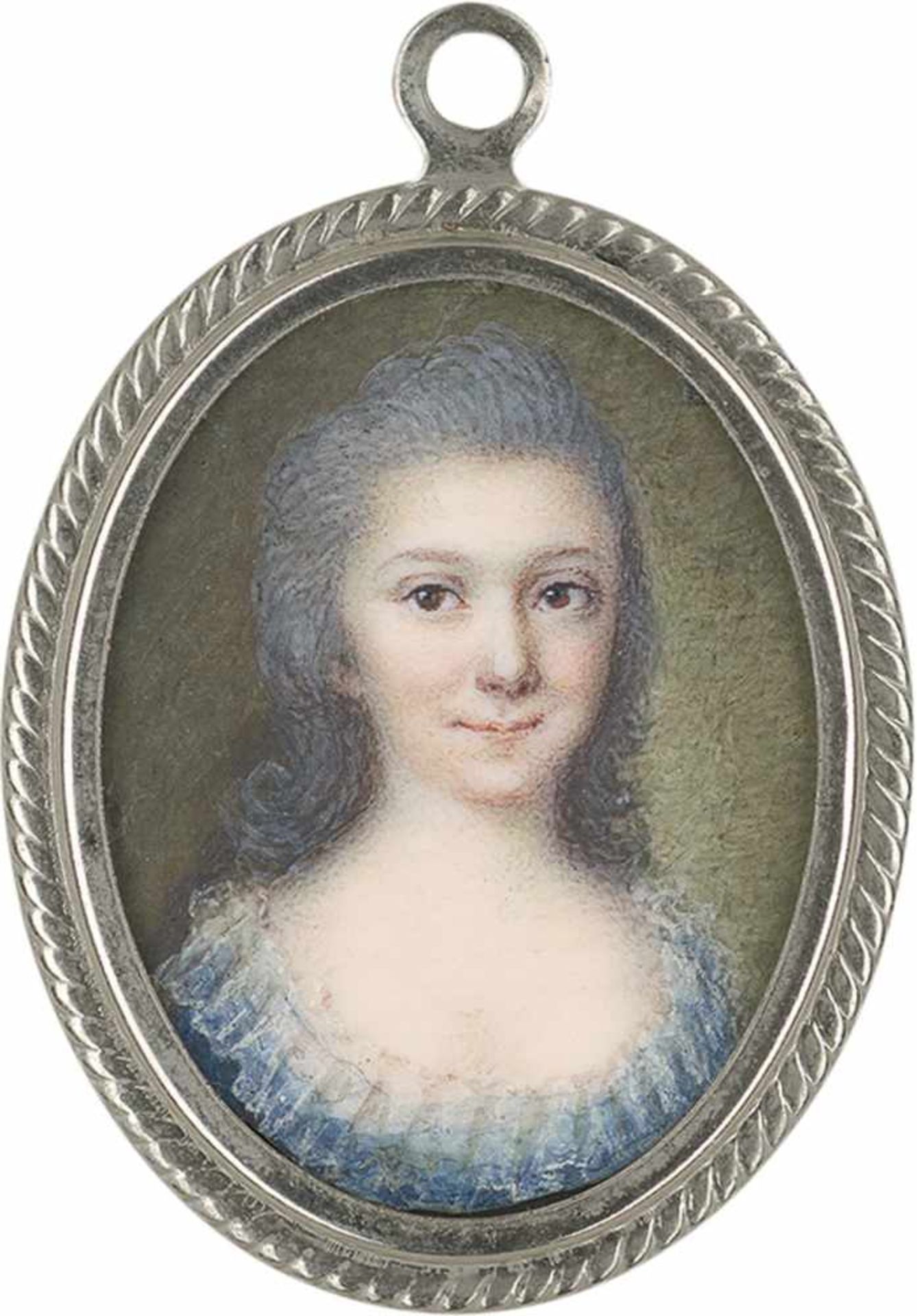 Französisch oder Italienisch: um 1780. Bildnis einer jungen Frau mit grau gepudertem Haar, in blauem