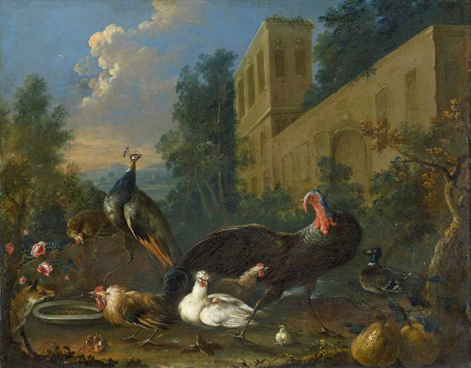 Flämisch: um 1680. Ruinenlandschaft mit Pfau undum 1680. Ruinenlandschaft mit Pfau und Truthahn,