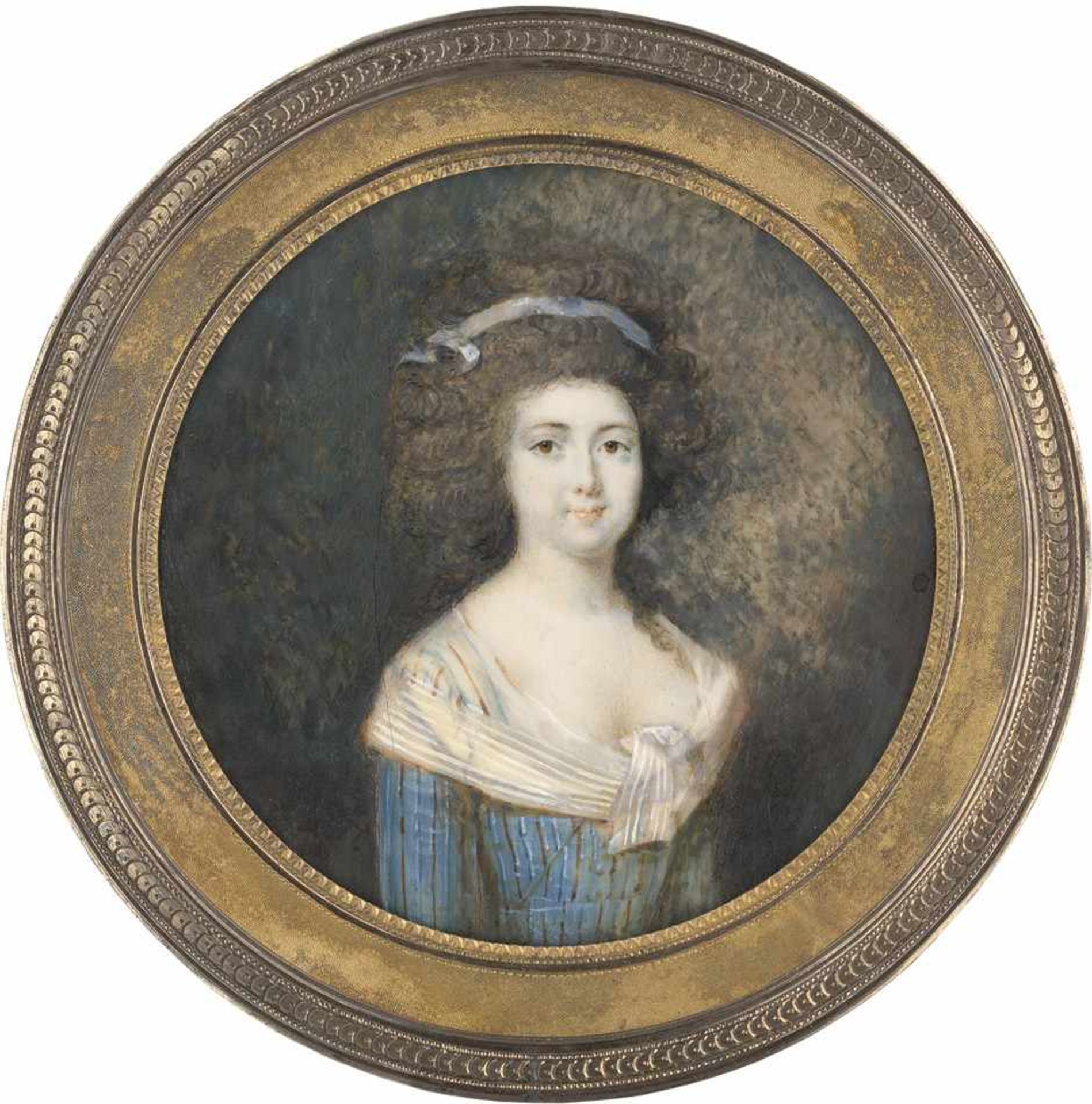 Französisch: um 1785/1790. Bildnis einer jungen Frau in gestreiftem blauem Kleid mit weißem Fichu,