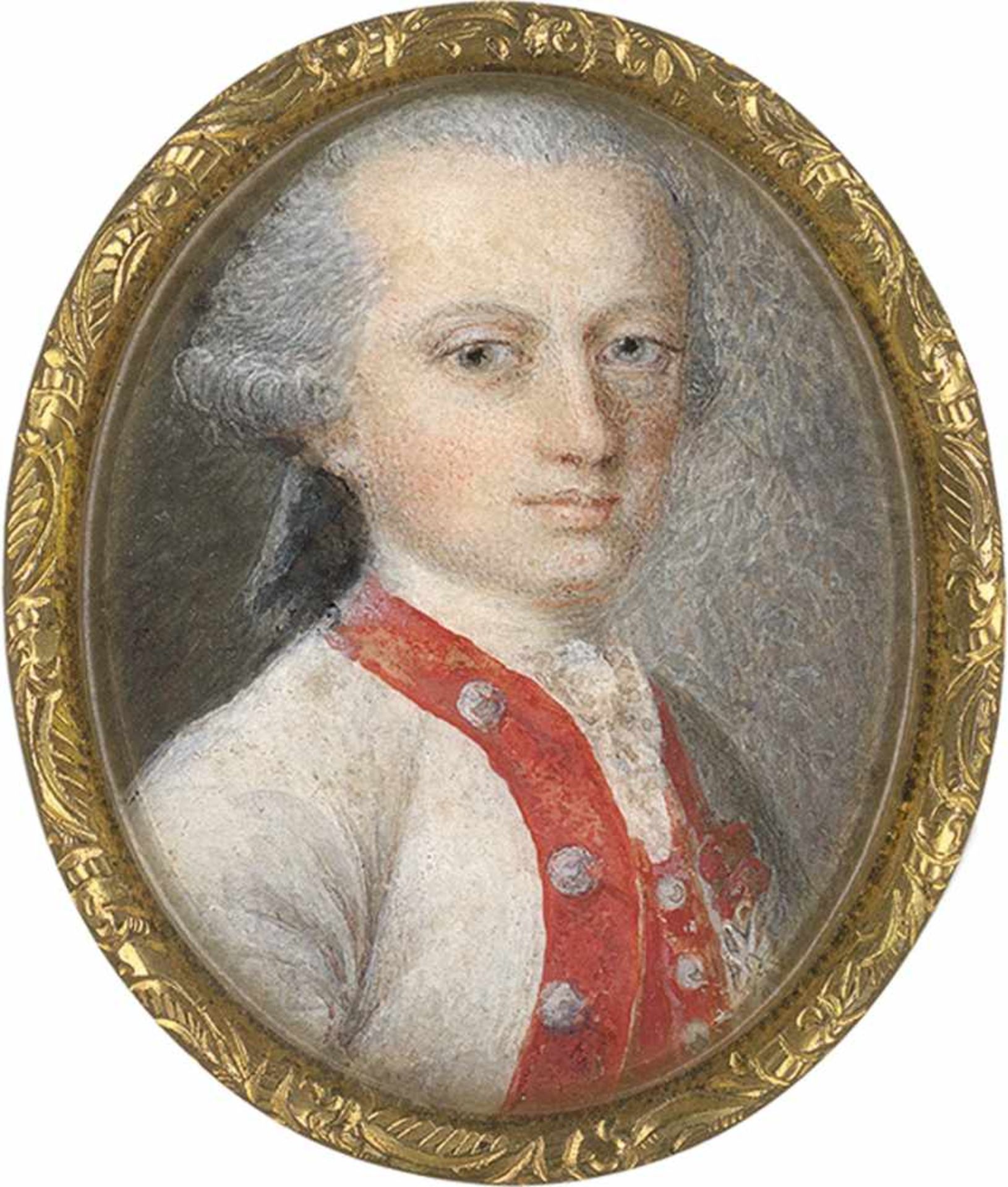 Französisch: um 1760. Bildnis eines jungen Mannes in weißer Uniform mit roten Revers und Weste,