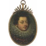 Italienisch: um 1590/1600. Bildnis eines schnurbärtigen jungen Mannes in goldbesticktem dunklem Wams