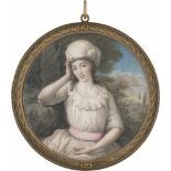 Italienisch: um 1790/1795. Bildnis einer jungen Frau in melancholischer Pose, in rüschenbesetztem