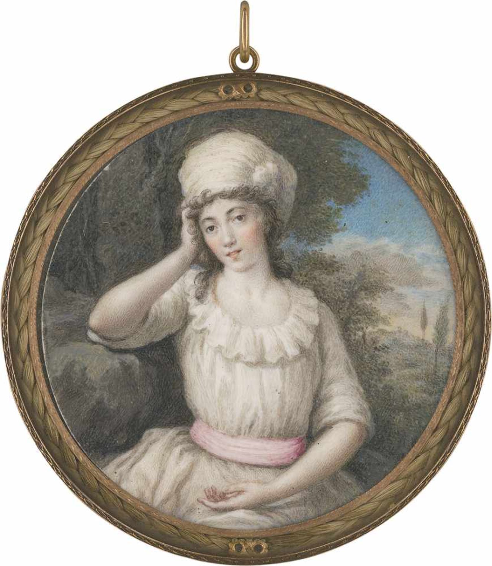 Italienisch: um 1790/1795. Bildnis einer jungen Frau in melancholischer Pose, in rüschenbesetztem