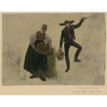 Loos, Friedrich: Figurenstudien: sich bückende Bäuerin mit Korb und Junge mit breitkrempigem Hut,