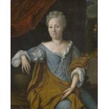 Deutsch: um 1680. Bildnis einer Frau im blauen Kleid vor einem roten Samtumhangum 1680. Bildnis