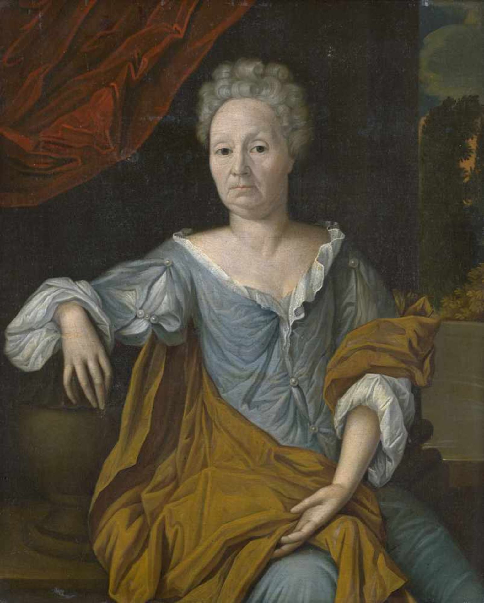 Deutsch: um 1680. Bildnis einer Frau im blauen Kleid vor einem roten Samtumhangum 1680. Bildnis