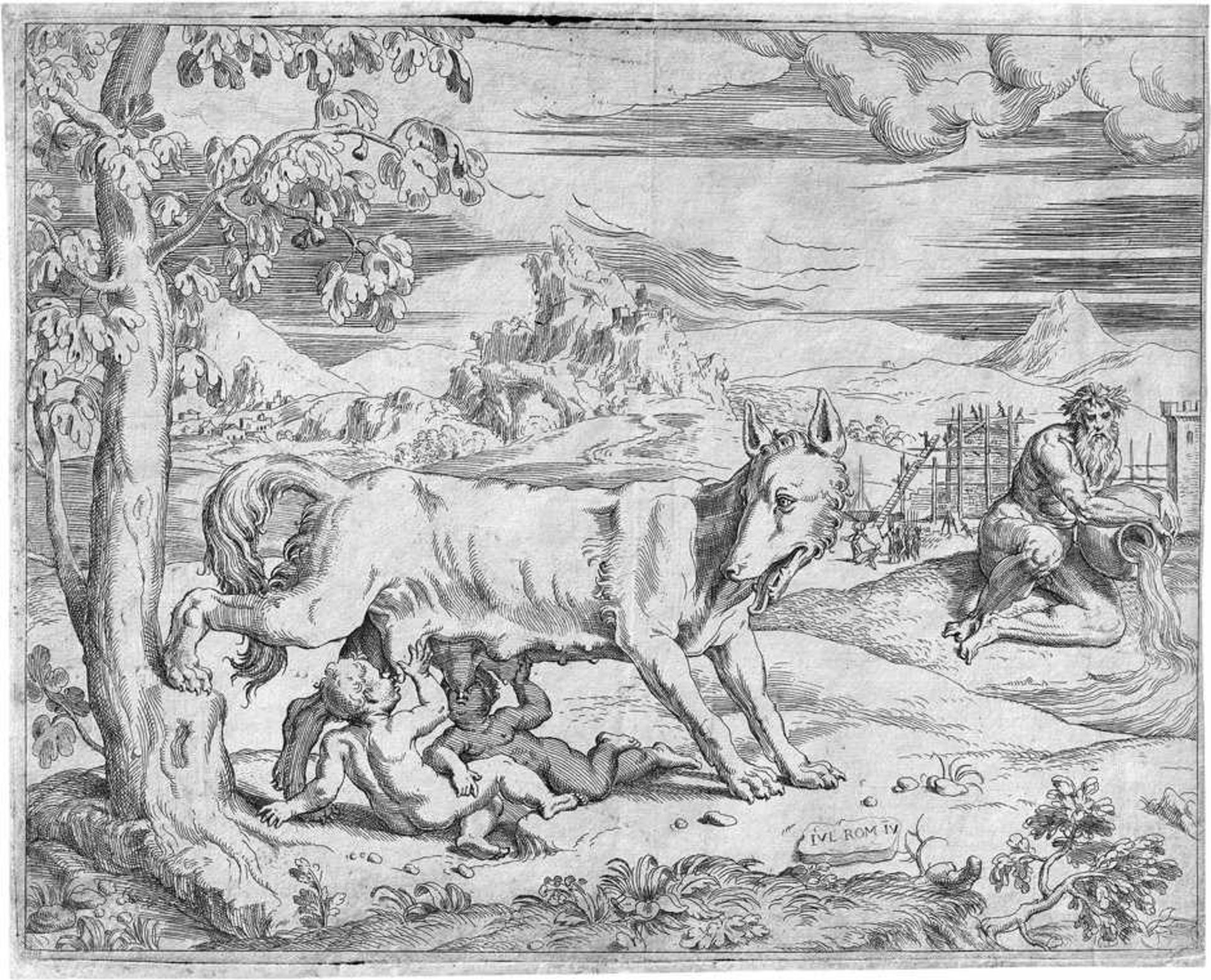 Angolo, Giovanni Battista d': Romulus und RemusRomulus und Remus. Radierung nach Giulio Romano. 22,6