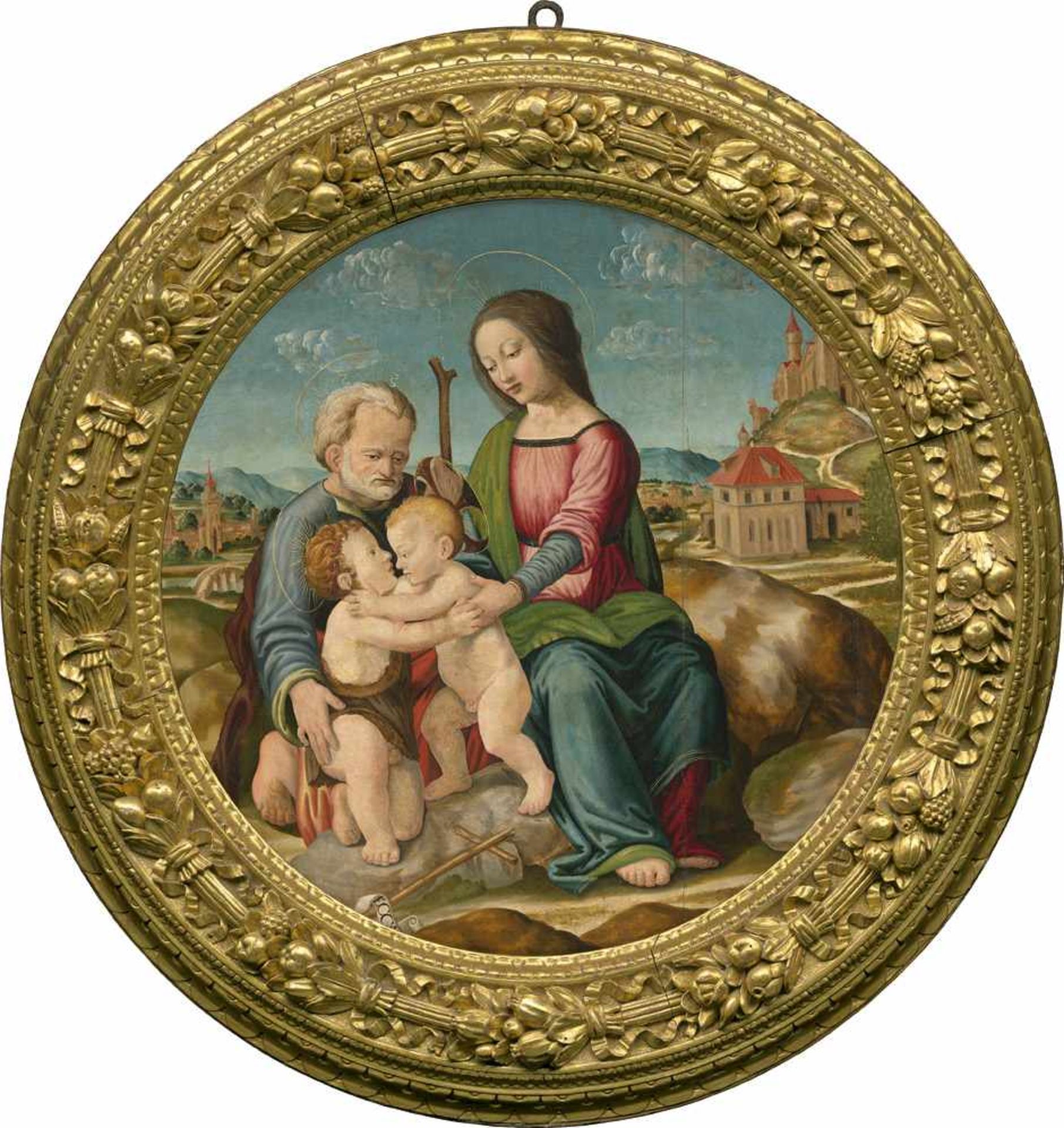 Italienisch: 1. Hälfte 16. Jh. Die hl. Familie mit Johannes dem Täufer in einer Landschaft.1. Hälfte