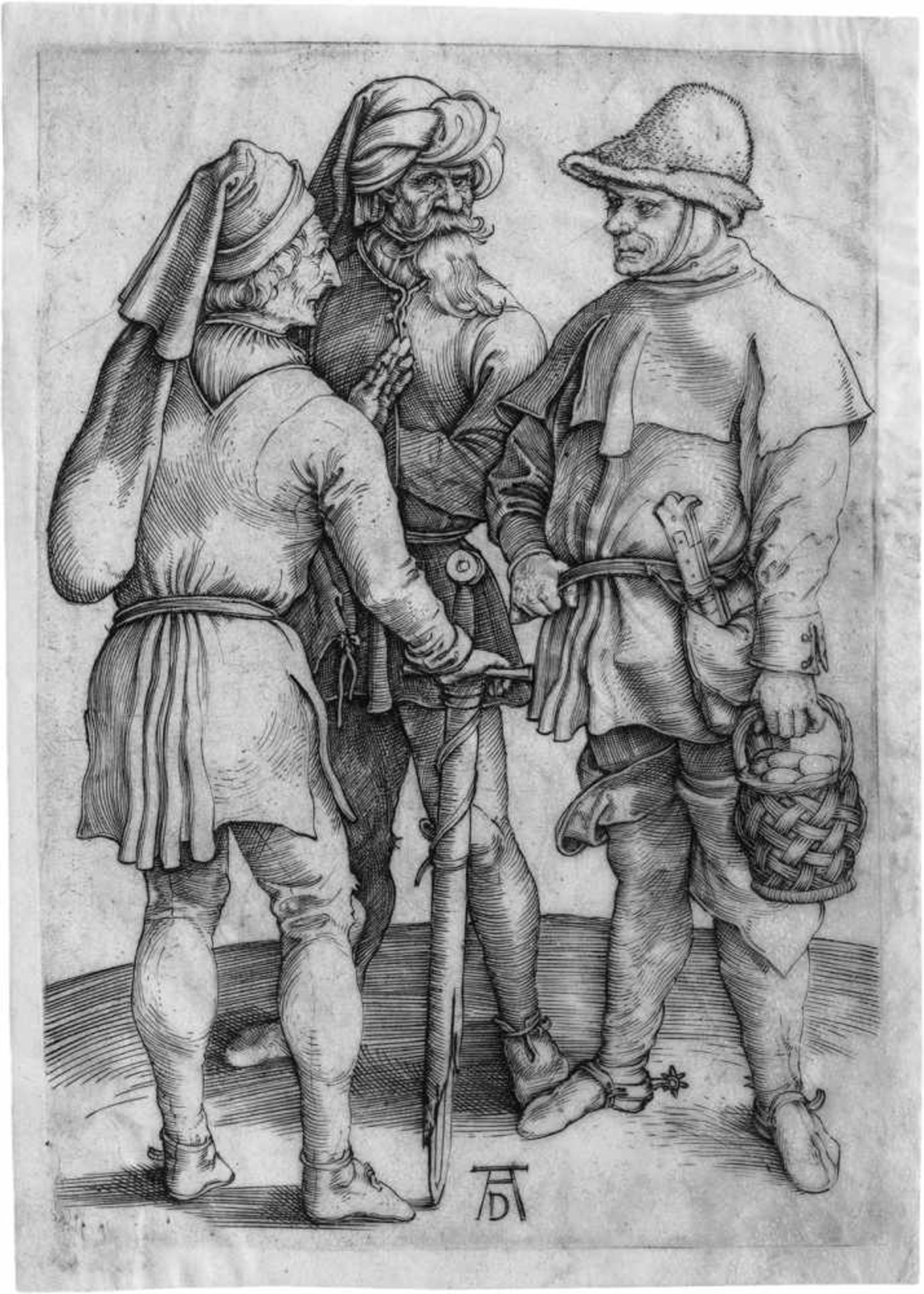 Dürer, Albrecht: Die drei BauernDie drei Bauern. Kupferstich auf feinem Pergament. 10,5 x 7,4 cm. Um