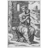 Italienisch: um 1550. Madonna mit dem Kindum 1550. Madonna mit dem Kind. Kupferstich. 31,5 x 22