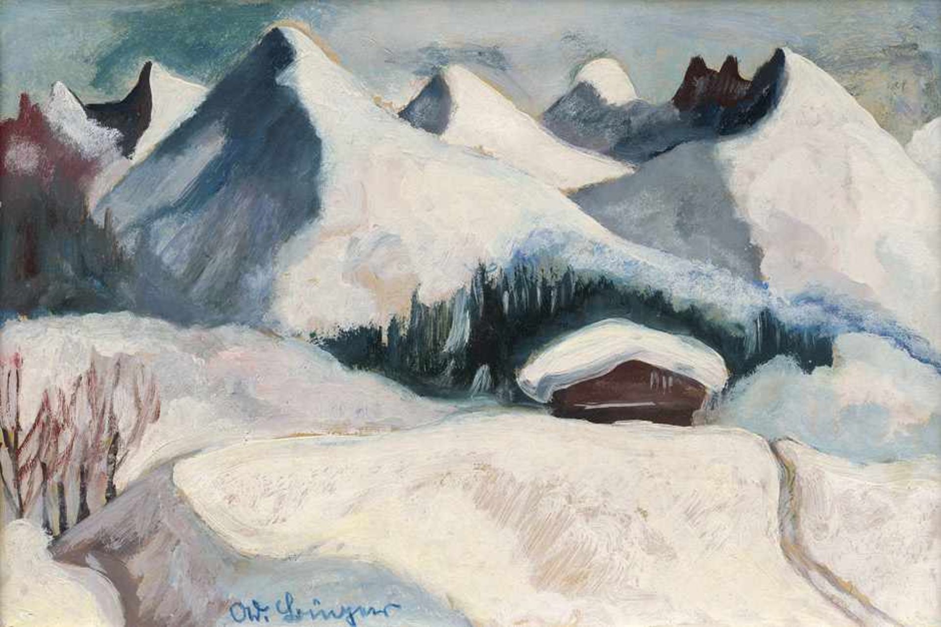 Büger, Adolf: Alpenlandschaft im WinterAlpenlandschaft im WinterÖl auf Karton.27,7 x 40 cm.Unten