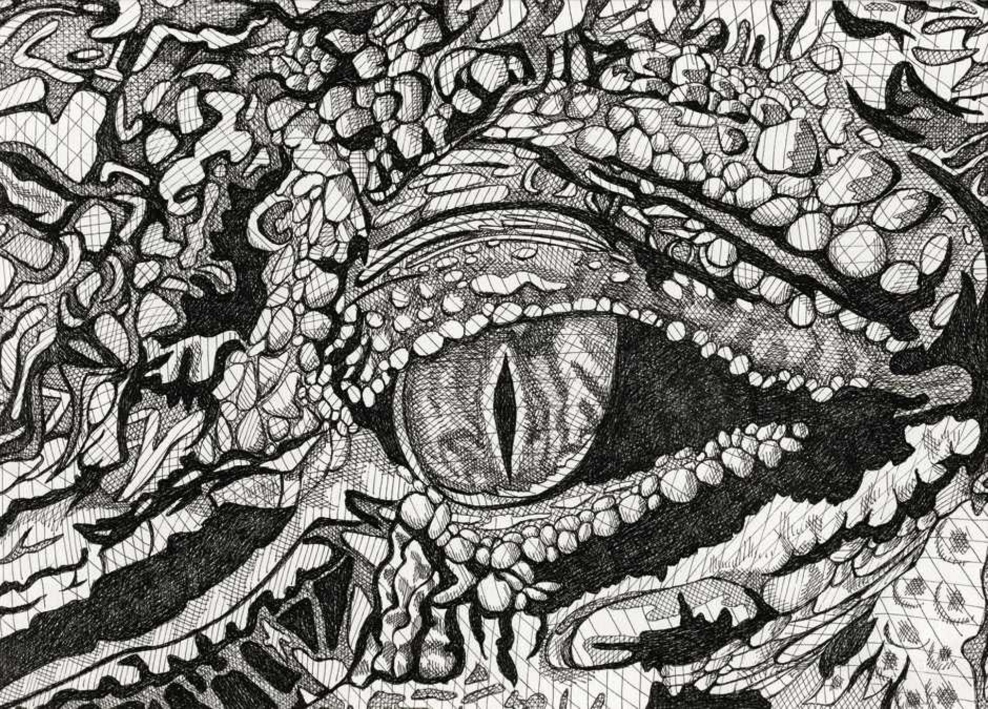 Fioratti Loreto, Arianna: Crocodile Eye"Crocodile Eye". Feder in Schwarz auf Papier. 24 x 33 cm.