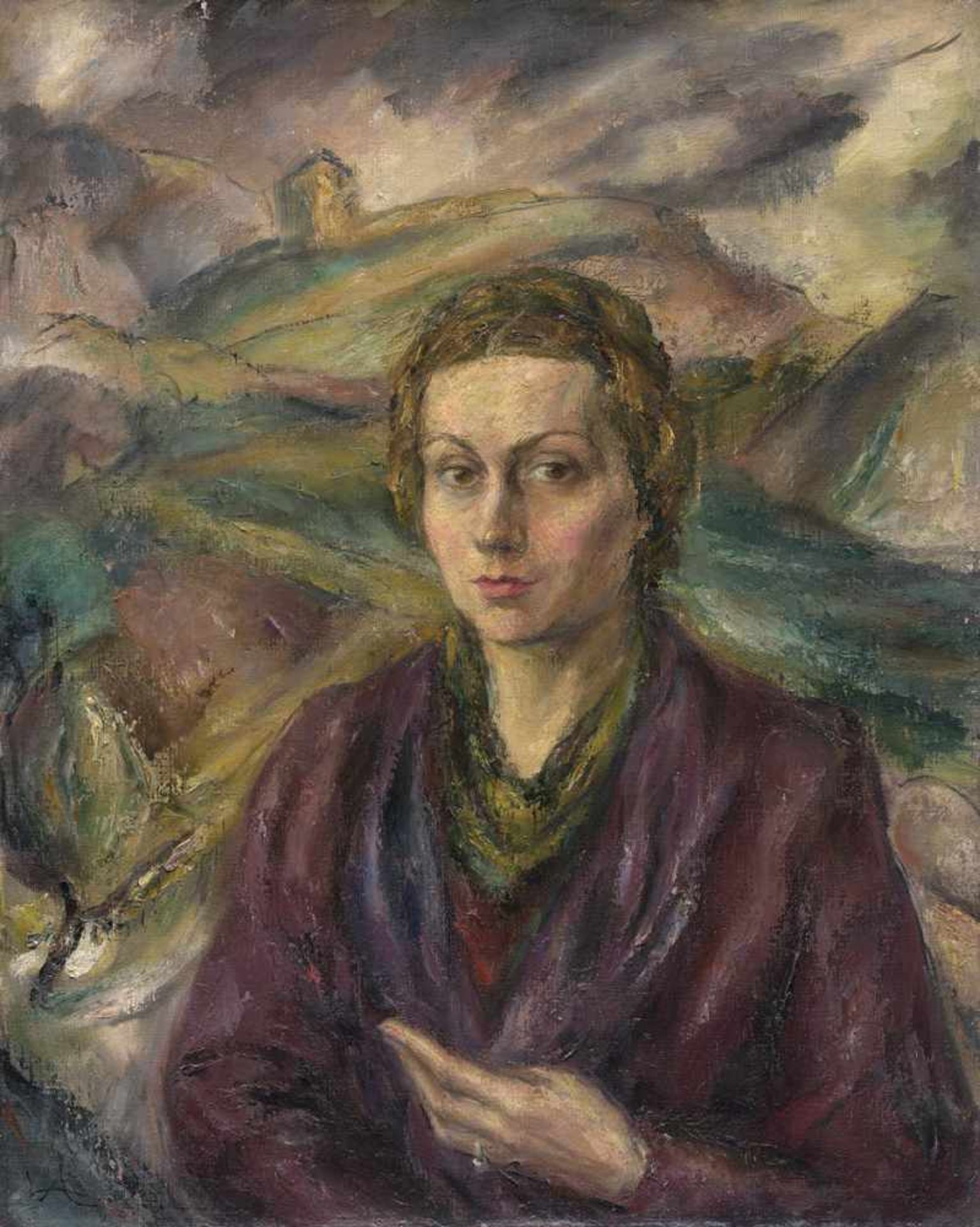Albert-Lasard, Lou: Portrait von Madame Fankhauser vor einer LandschaftPortrait von Madame