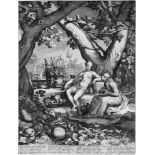 Saenredam, Jan: Vertumnus und PomonaVertumnus und Pomona. Kupferstich nach Abraham Bloemaert. 46,9 x