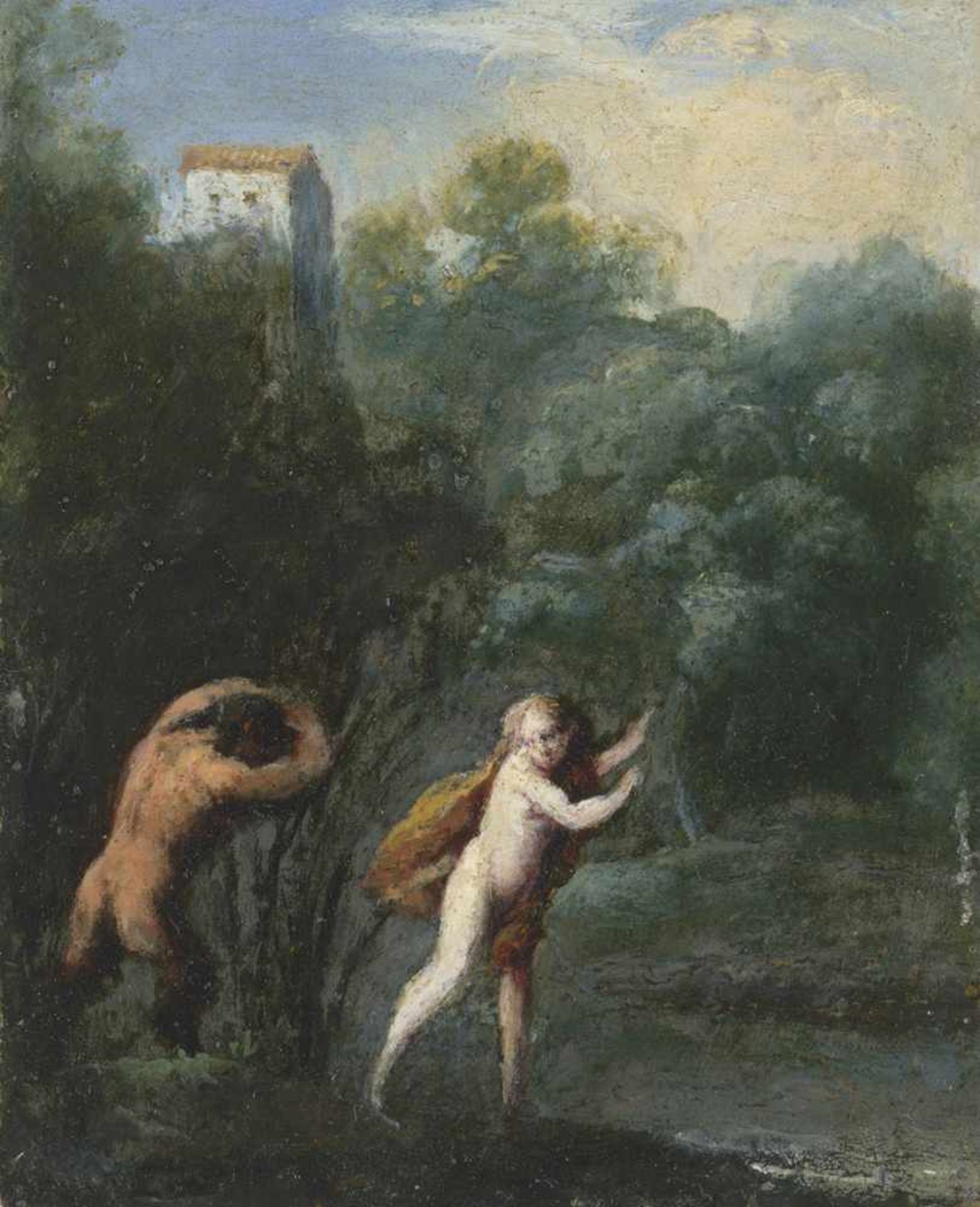 Poelenburgh, Cornelis van - zugeschrieben: Pan und Syrinx, Campagna mit badenden