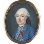 Französisch: um 1770/1775. Bildnis eines Mannes in silberbestickter blauer Jacke, an seiner linken