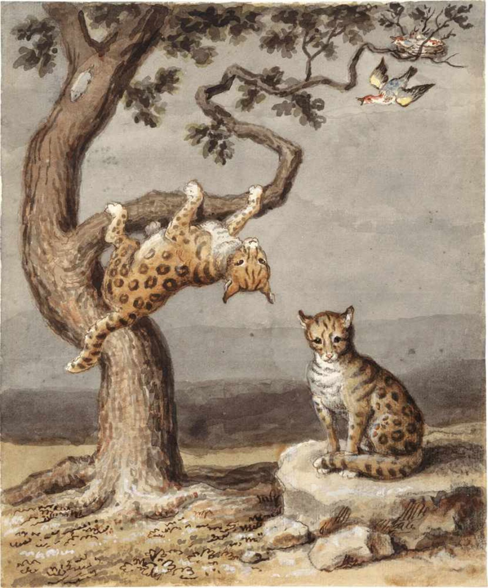 Tischbein, Johann Heinrich Wilhelm: Baum mit zwei Tigerkatzen und einem VogelnestBaum mit zwei