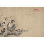 Kanoke: Pavian mit Jungen schaut den roten Mond anKanoke. Pavian mit Jungen schaut die Abendsonne