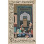 Indopersische Miniaturen: 4 Blätter Miniaturen auf altem Papier.Indopersische Miniaturen. - Moschee.