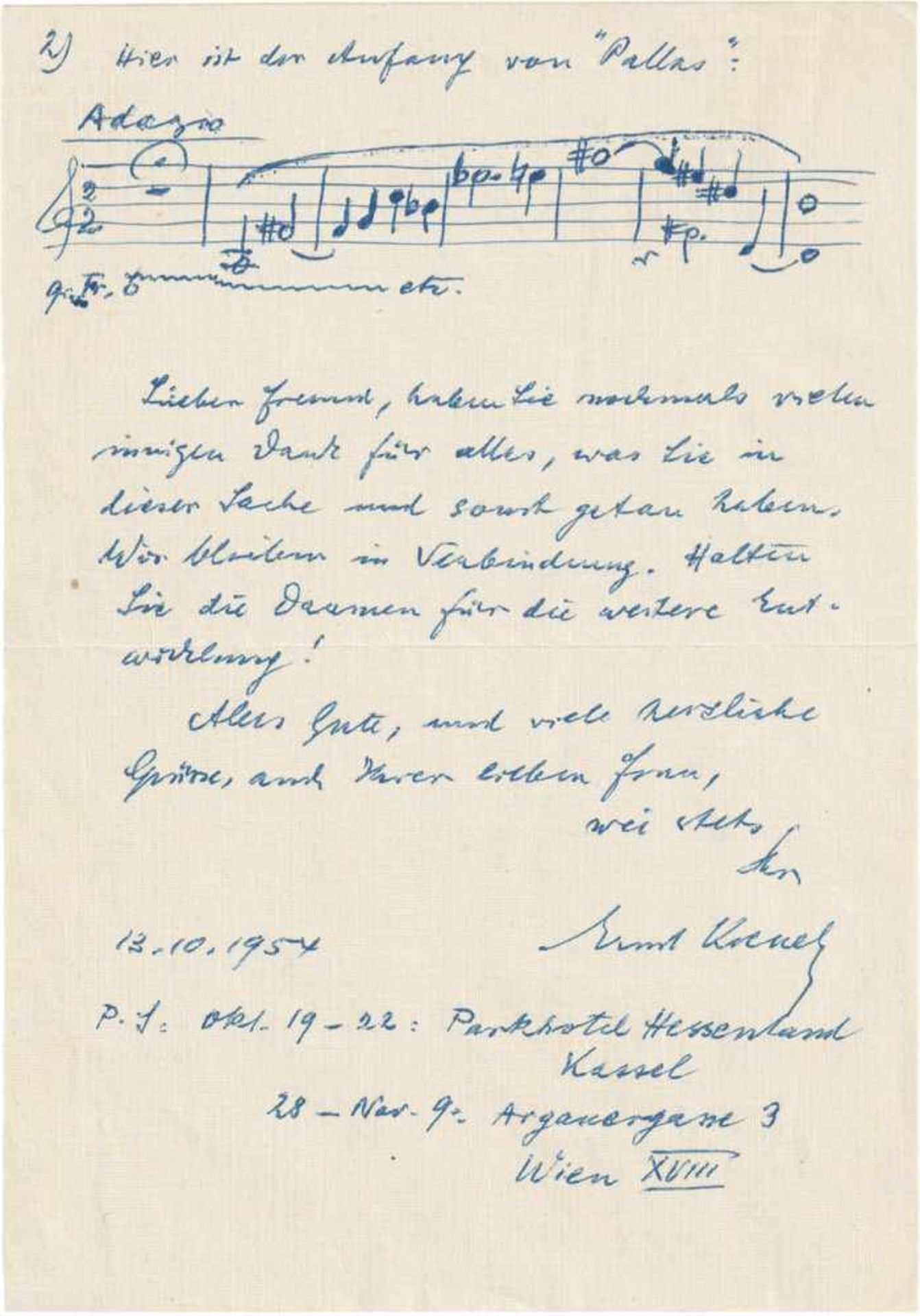 Krenek, Ernst: Brief mit MusikzitatKrenek, Ernst, österr.-amerik. Komponist (1900-1991). Eigh. Brief