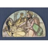 Persische erotische Miniatur: Lunetten-Miniatur in Pinselgold und Gouache-Farben auf beinerner