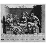 Cort, Cornelis: Die drei ParzenDie drei Parzen. Kupferstich nach Giulio Romano. 22 x 26,3 cm. (