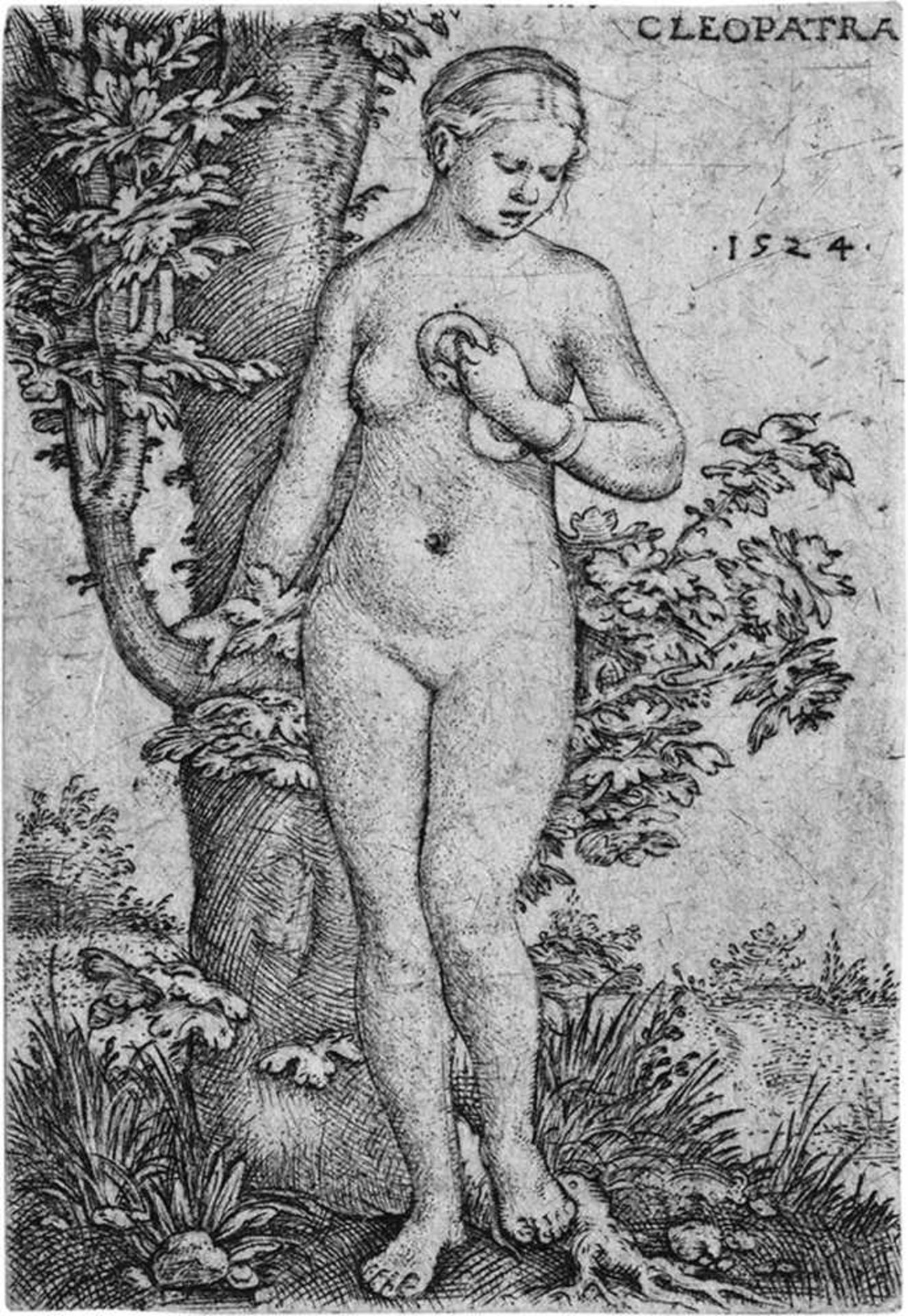 Beham, Barthel: CleopatraCleopatra. Kupferstich. 5,8 x 4 cm. 1524. Pauli 23, B. 12, Hollstein 13 VI.