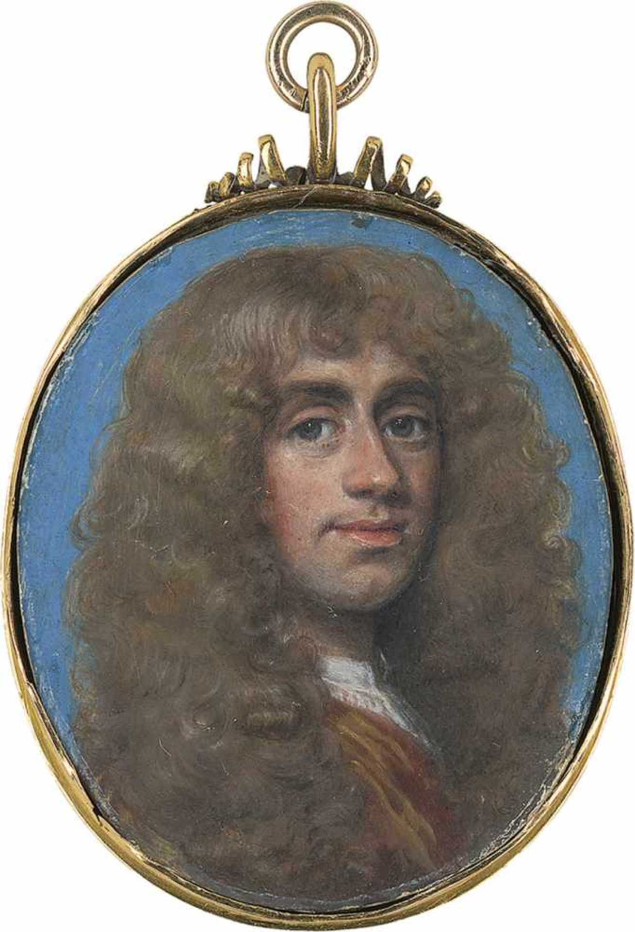 Englisch: um 1680/1700. Bildnis eines jungen Mannes mit hellbrauner Allongeperücke, in orangem