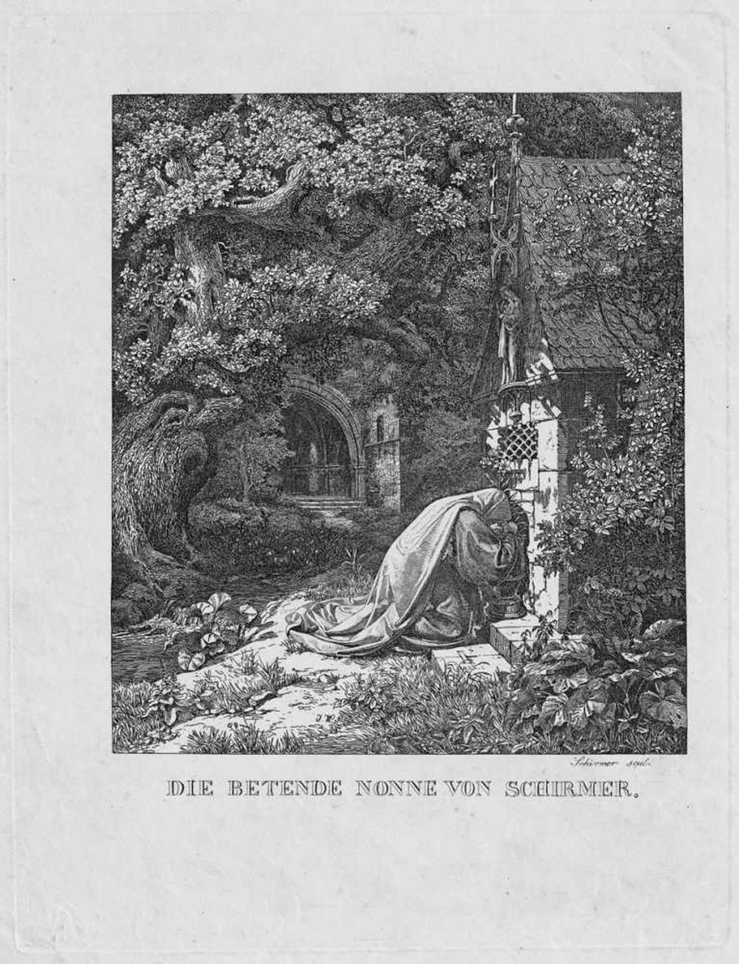 Schirmer, Johann Wilhelm: Die betende NonneDie betende Nonne. Radierung. 30,6 x 23,7 cm. (1829).